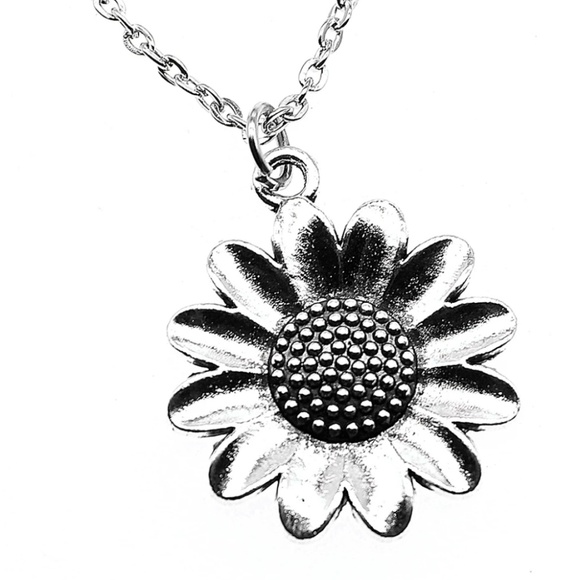 SUNFLOWER SILVER NECKLACE Boho Hippie Statement - Picture 3 of 4
